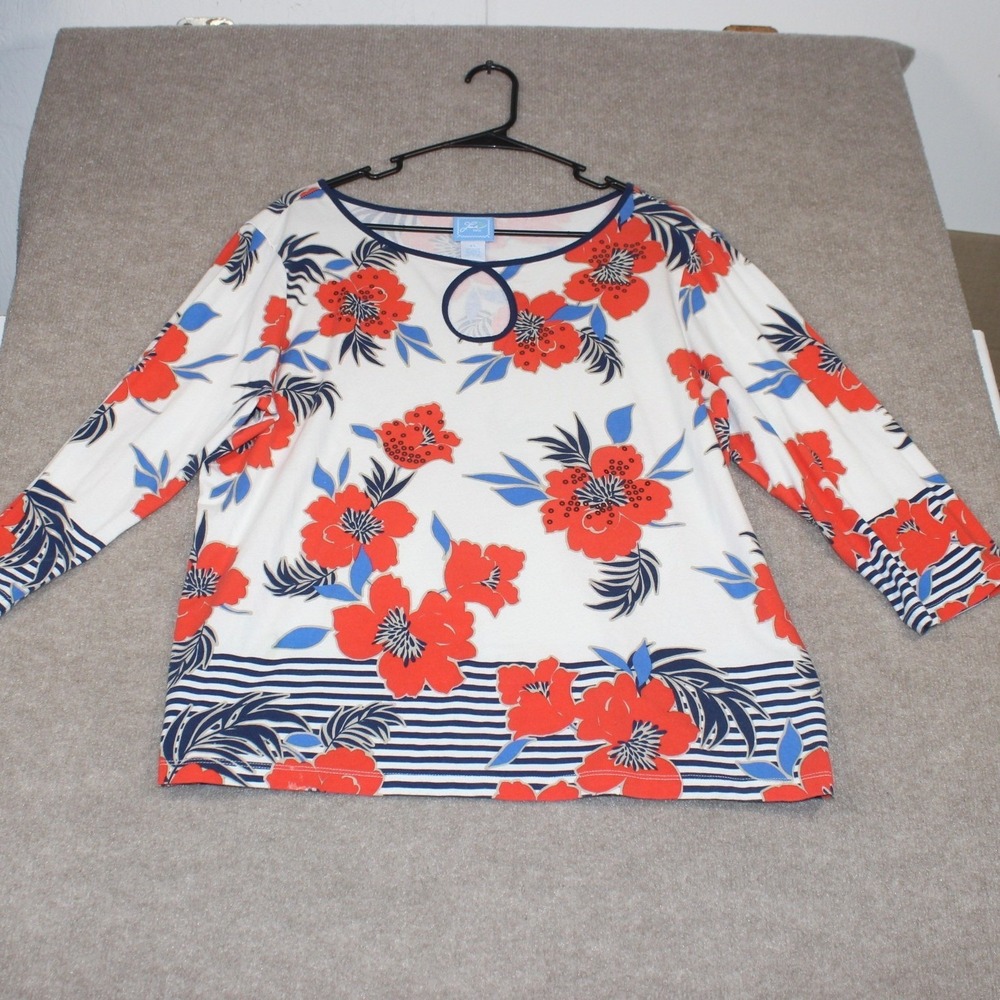 Lark Lane Floral Stripe Keyhole Top XL Red Blue White 3/4 Sleeve Coastal Knit